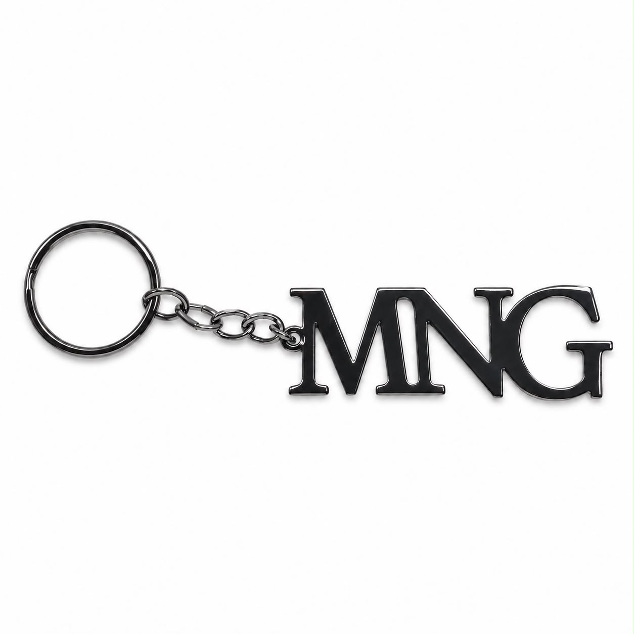 MNG Club Keychain Steel — metal MNG letter pendant on a link chain